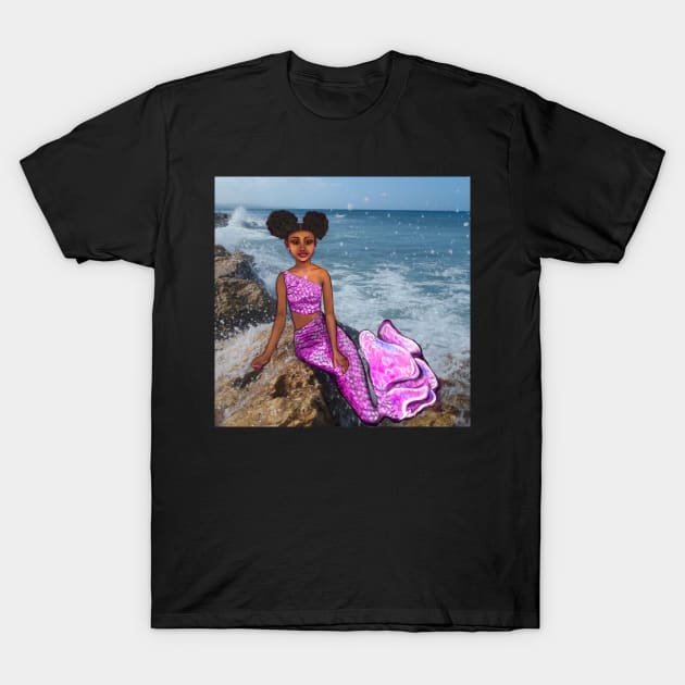 Coco the Magical rainbow mermaid with brown eyes, Afro hair in two puffs and caramel brown skin T-Shirt by Artonmytee